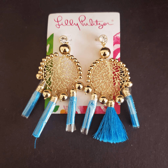 Lilly Pulitzer Sea Dreamer Earrings Cumulus Blue Gold Tone Resort‎ Vacation NWT - Picture 1 of 6